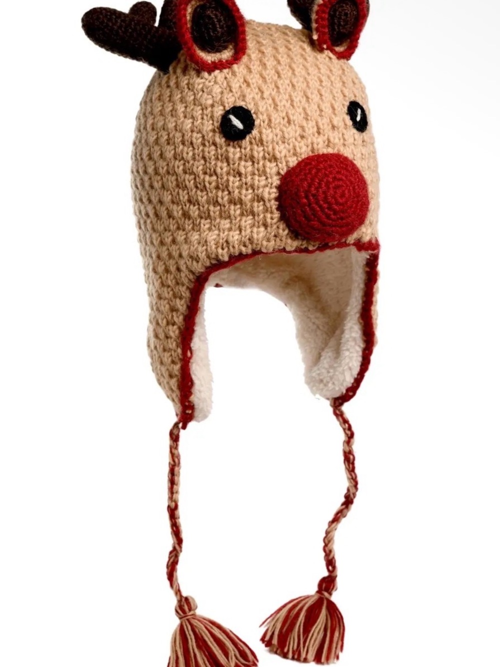 Handmade Beige Reindeer Earflap Wool Hat with Red Accents